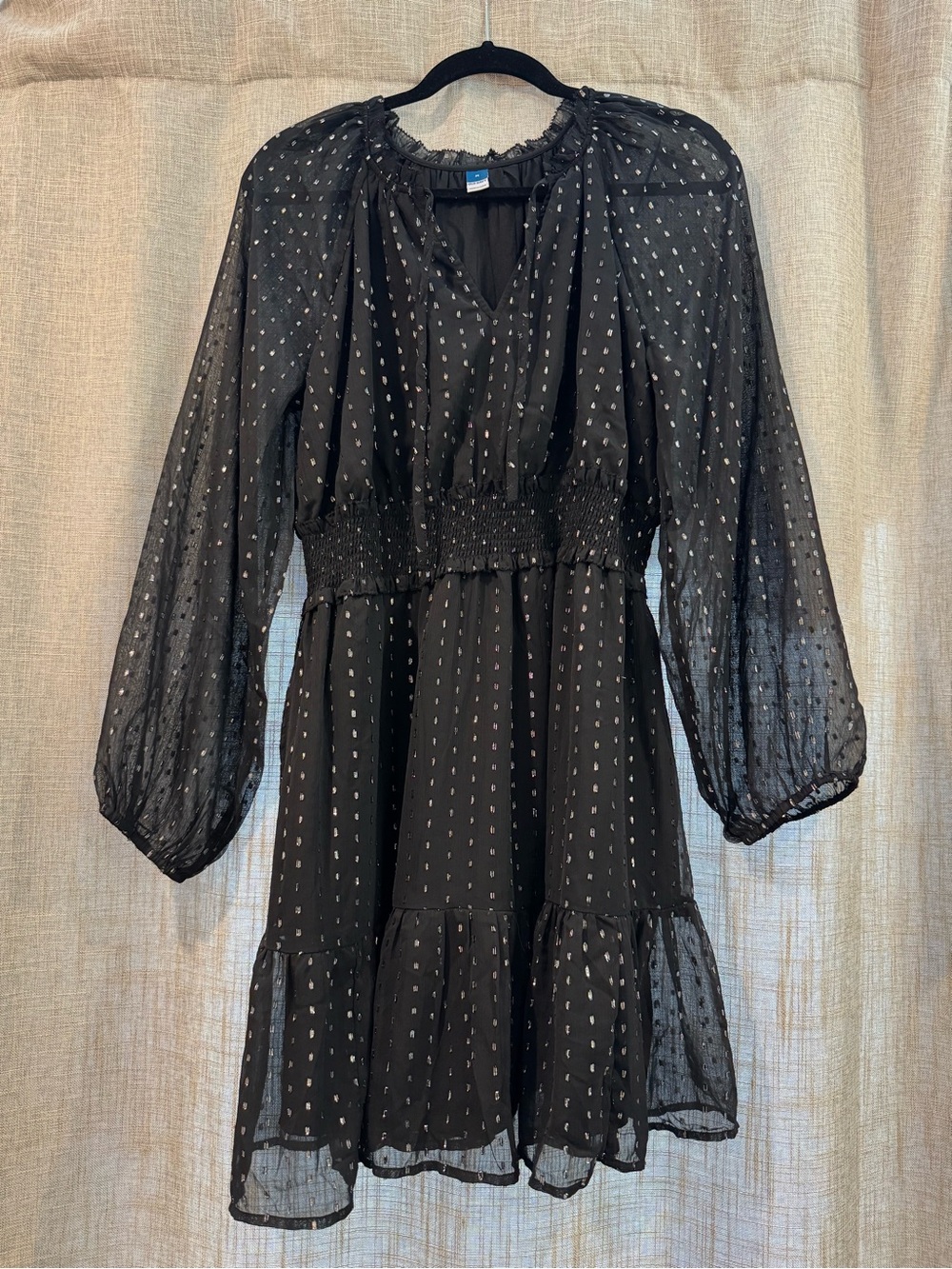 Old Navy Black Sheer Long-Sleeve Metallic Dot Tiered Dress
